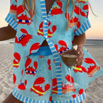 Crab Party Print Loose Button Elastic Waist Shorts Set