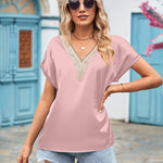 Short Sleeve V Neck Blouse Top Lace Trim Casual Summer Tee Shirt