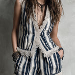 Retro Striped Vest & Shorts Set With Lace Trim