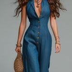 Retro Tencel Denim Shirt-collar Straight-leg Jumpsuit