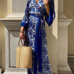 Greek Island Satin Unique Floral Print Tassel Belted Wrap Maxi Dress