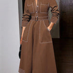 Long Sleeves Loose Buttoned Elasticity Pockets Solid Color Lapel Maxi Dresses