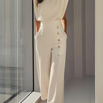 Cap Sleeve Loose Buttoned Solid Color Round-Neck Jumpsuits
