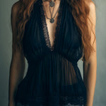 Romantic Black Sheer Lace Halter Chiffon Tank With Scalloped Trim