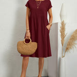 Round Neck Short Sleeve High Waist Dresses Solid Color Casual Holiday Beach Party Sundress