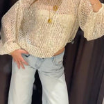 Shimmering Sequin Openwork Lantern Sleeve Blouse