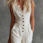 Elegant Vintage Western V-neck Front Buttons Lace Trim White Cotton Jumpsuit