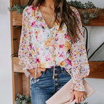 Nadorine Long Sleeve Boho Drawstring Floral Print V Neck Shirt Buttoned Blouse Casual Tunic Tops
