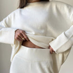Solid Color Knitted Two Pieces Turtleneck Sweater Set Loose Top + Slit Trouser Pants