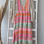 Geometric Color Block Bohemian Casual Pleated Patchwork Long-sleeved V-neck Dress
