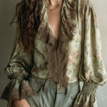 Vintage Lace Ruffle Trim Floral Chiffon Blouse With Smocked Cuffs