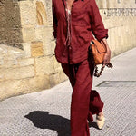 Two-Piece Casual Set Button-Up Shirt and High-Waisted Wide-Leg Pants