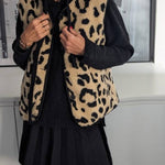 Women's Leopard Print Front Opening Casual Autumn and Winter Vest Jacket