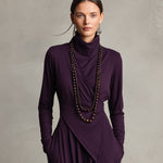 Women's Purple Bohemian Cotton Stretch Turtleneck Asymmetrical Draped Maxi Dress