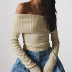 Nadorine Chic Off Shoulder Sweater Solid Basic Sexy Slim Fit Crop Top