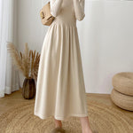 Long-Sleeve High Neck Plain Ribbed Midi A-Line Knit Dress