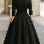 A-Line Three-Quarter Sleeves Pleated Pockets Solid Color V-Neck Midi Dresses