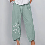 Pocket Printed Linen Loose Pants Elastic Casual Wide-Leg Cropped Pants