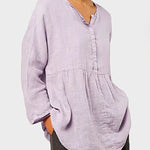 Nadorine Plus Size Cotton and Linen Casual Loose V-neck Long-sleeved Shirt Top