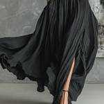 Women's Fashion All Black Skinny Turtleneck T-shirt Pleated Skirt Set