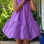 High Waisted Loose Pleated Solid Color Round-Neck Mini Dresses