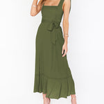Tie-straps Ruffled Square Collar Sleeveless Slit Mid-length Dress