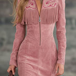 Lapel Collar Zip-up Side-slit Embroidered Faux Suede Long-sleeved Midi Dress