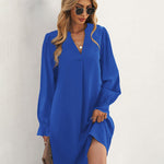 Notch Neck Solid Tunic Dress V-Neck Puff Sleeve Mini Tunic Dress