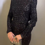 Looking To Party Sequin Padded Shoulder Backless Bow Design Maxi Dress