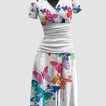 Nadorine Women's Casual V Neck Short Sleeve Sundress Loose Flowy Print Tunic Beach Dresses