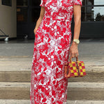 Red marine life print V-neck short-sleeved waist dress