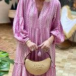 Marrakech Stories Linen Blend Printed Balloon Sleeve Pocketed A-line Midi Dress