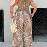 V Neck Street Daily Retro Printed Loose Fit Sleeveless Jumpsuits