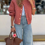 Red and brown paisley print cropped jacket with gold buttons