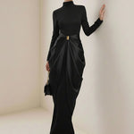 Long Sleeves Buckle Draped High-Neck Evening Dresses Maxi Dresses
