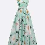 Light Green Floral Ruched One Shoulder A-Line Maxi Chiffon Dress