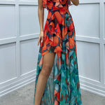 Loving Moment Gradient Unique Print Flowing Layered Ruffles Strapless Slit Maxi Dress