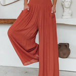 Loose Beach Elastic High Waist Casual Wide Leg Palazzo Yoga Lounge Trousers with Pockets