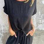 Solid Color Crew Neck Short-sleeved Casual Top and Elastic Waist Tie Pocket Wide Leg Pants Set