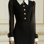 Long Sleeves Buttoned See-Through Solid Color Split-Side Lapel Maxi Dresses Shirt Dress