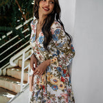 V-neck Long-sleeved Chiffon Print Dress