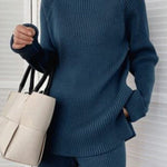 Urban Loose Solid Round-Neck Split-Side Sweater& Wide Leg Pants Suits