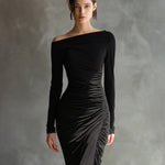 Women's Black Elegant Jersey Off - Shoulder Ruched Slit Maxi Dress