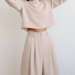Lounge Set Casual Long Sleeve Crop Pullover Top High Waist Wide Leg Pants Two Pieces Suits