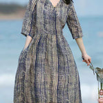 V-neck Half Sleeve Retro Striped Print Waist Midi Dress