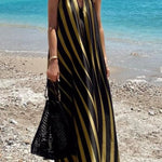 Striped Print V-Neck Loose Beach Vacation Maxi Dress