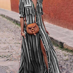 Long Sleeves Loose Split-Joint Striped Lapel Maxi Dresses Shirt Dress
