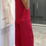 Classic on You Satin High Cowl Neck Top and Elastic Waist Pocket Loose Pants Set