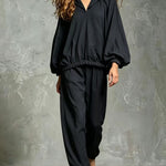 Loose V-Neck Lantern Sleeve Casual Chic Trouser Set