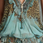Boho Vintage Zip-Front Chiffon Top With Leopard & Floral Mix Print